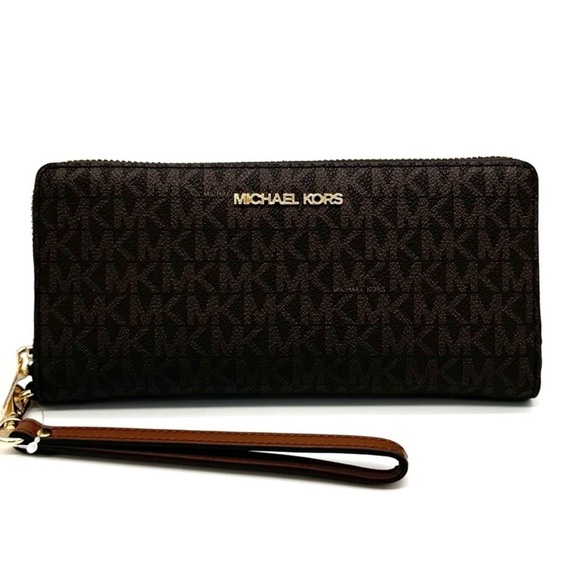 Michael Kors Large Travel Continental Wallet Wristlet Brown/Gold - Picture 1 of 9